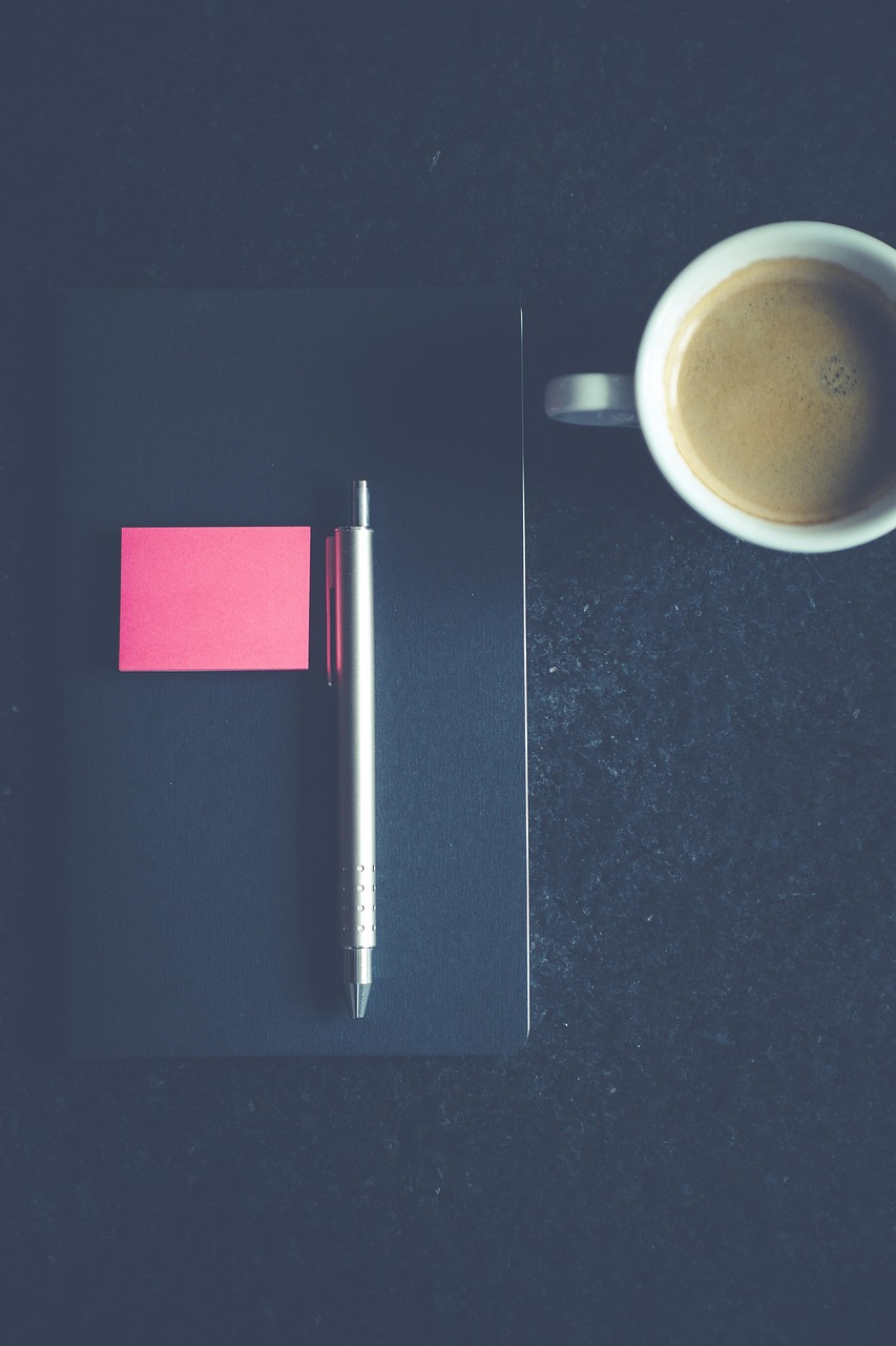 notebook, pen, post-it, coffee, cup, office, write, coffee cup, paper, desk, a book, notepad, diary, pencil, note, business, writing tool, write down, notebooks, author, drawing, idea, creative, meeting